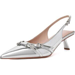 Women's Silver Pointed Toe Pumps Patent Leather Slingback Heels With Buckle